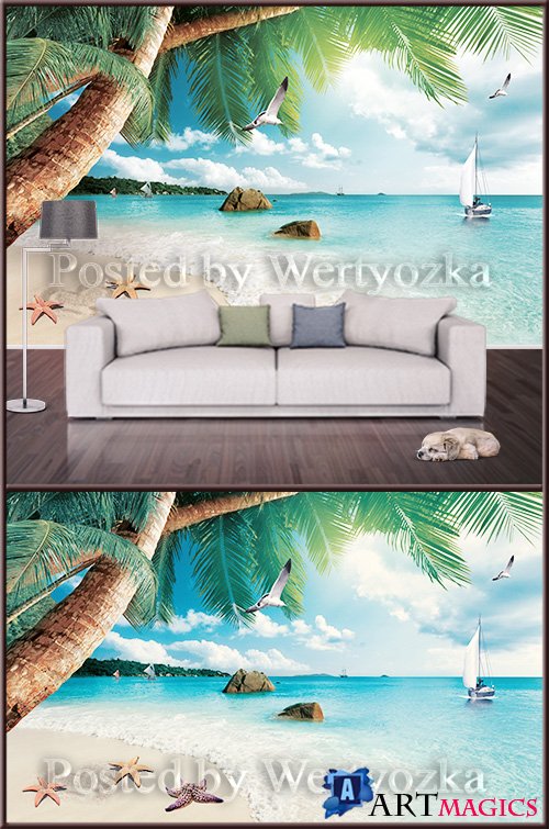 3D psd background wall sailing ship at sea and palm trees