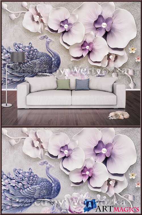 3D psd background wall peacock and orchids