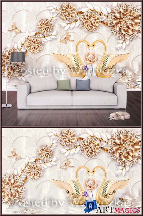 3D psd background wall swans and flowers with diamonds