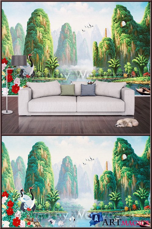 3D psd background wall exotic birds and landscape