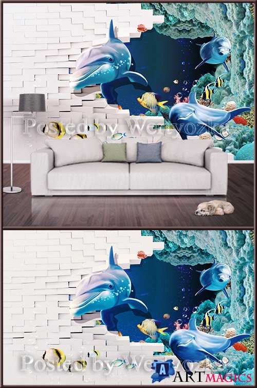3D psd background wall dolphins at the ruined wall