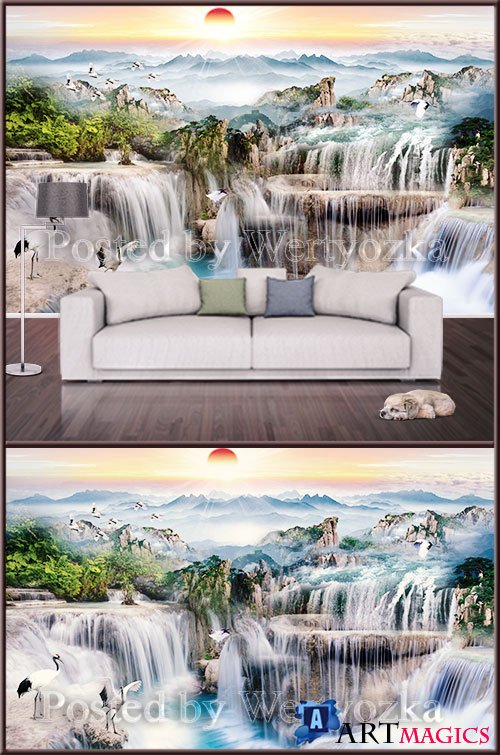 3D psd background wall waterfall  landscape