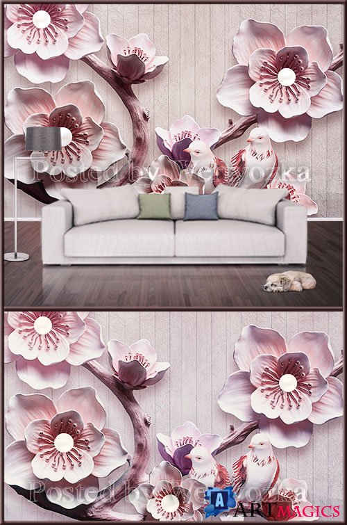 3D psd background wall flowers and pigeons
