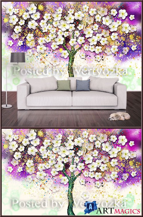 3D psd background wall colorful tree with flowers