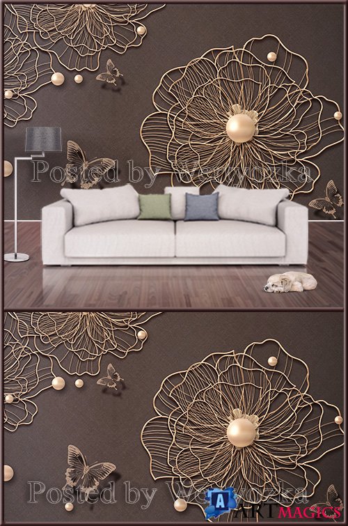 3D psd background wall golden flowers with pearls