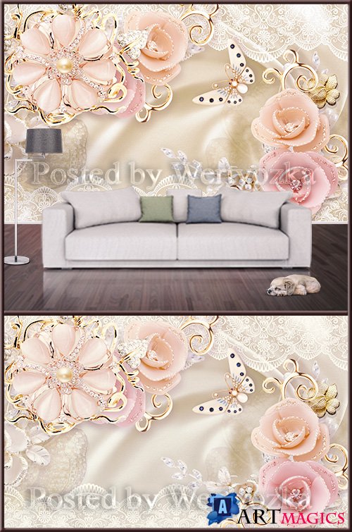 3D psd background wall flowers on satin