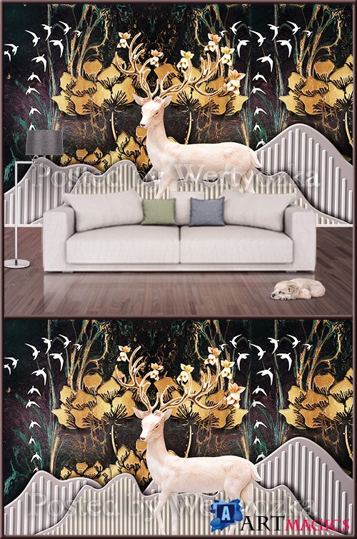 3D psd background wall deer and birds