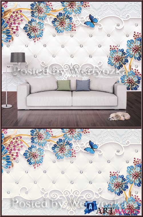3D psd background wall blue flowers with decorations