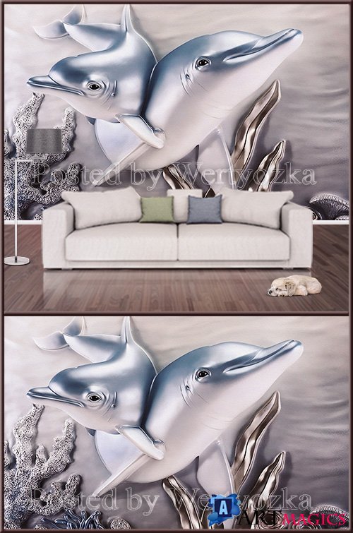 3D psd background wall two dolphins
