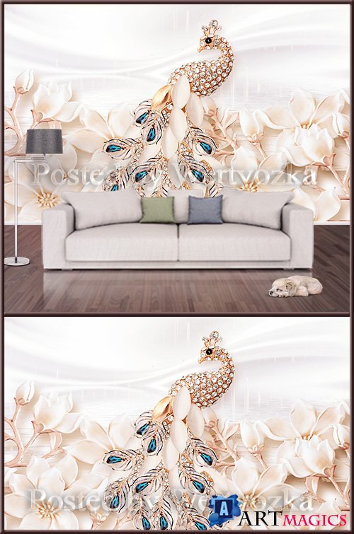 3D psd background wall Golden Peacock with jewels and flowers