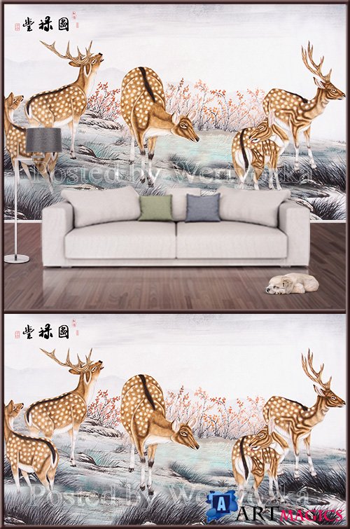 3D psd background wall nature deer