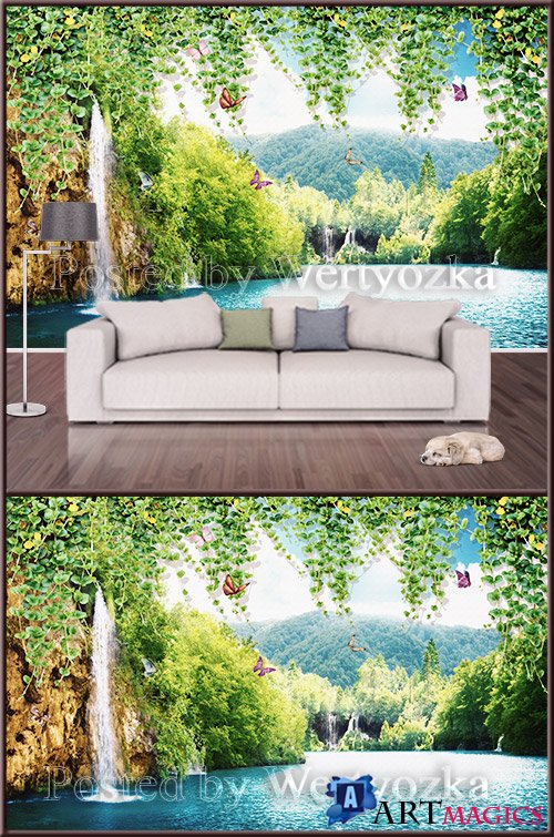 3D psd background wall waterfall nature