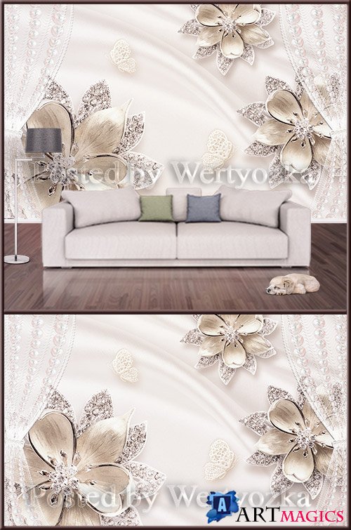 3D psd background wall jeweled flowers pearls