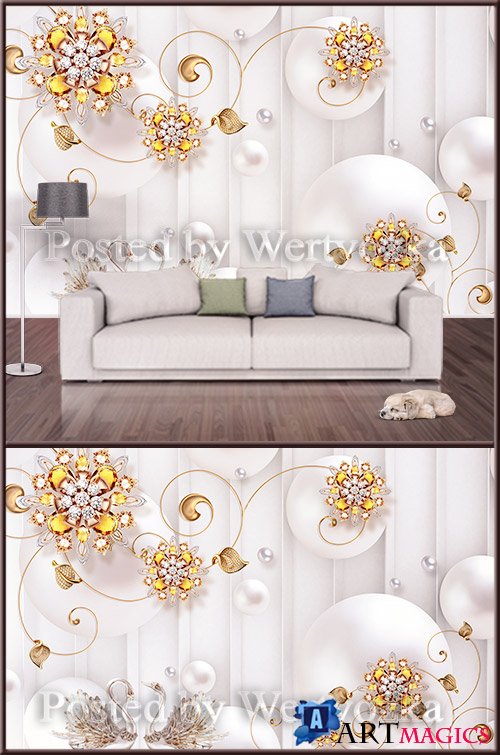3D psd background wall golden swans decorations