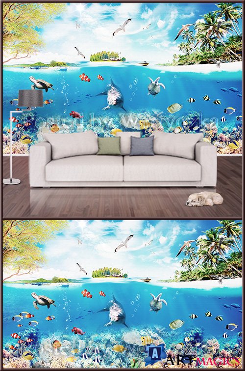 3D_psd_background_wall_dolphins_fish_ocean