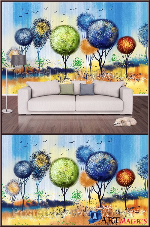 3D psd background wall color abstract trees