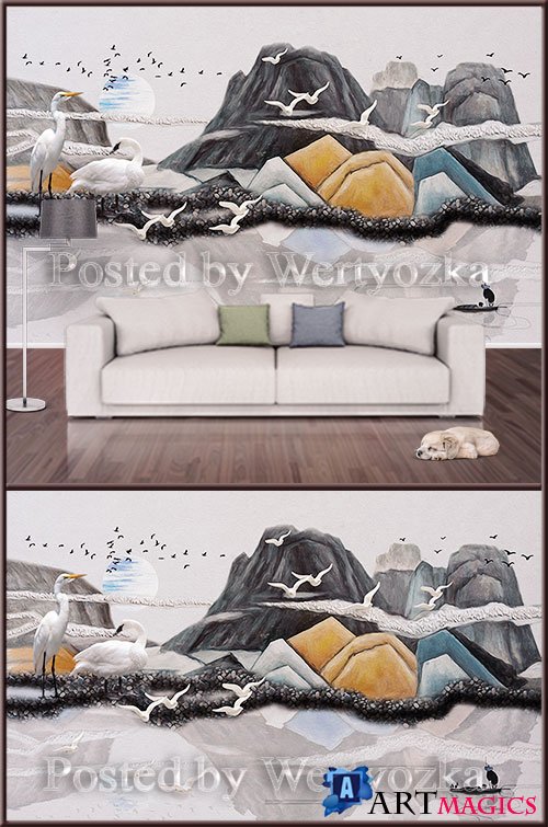 3D psd background wall mountains and birds