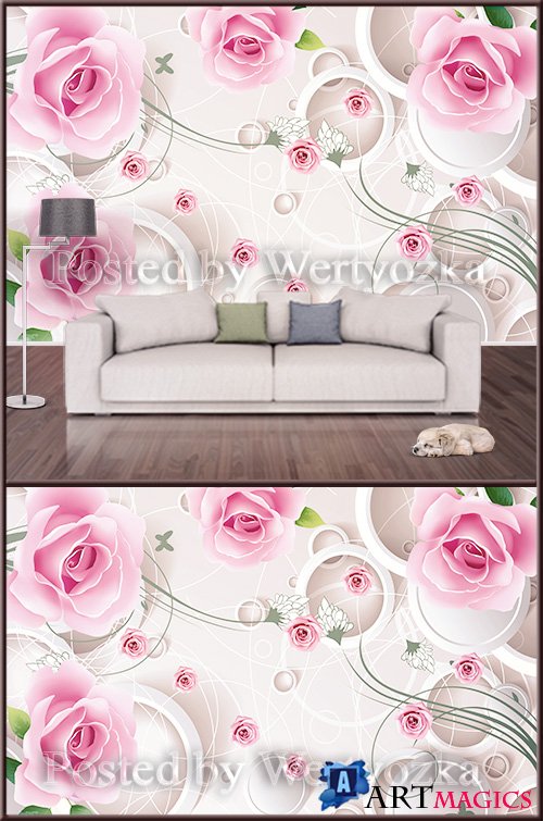 3D psd background wall pink roses abstraction