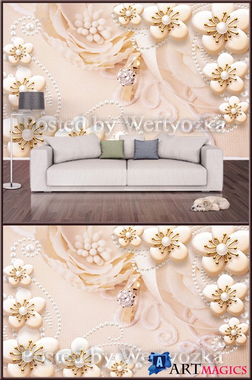 3D psd background wall pearl jewelry and golden flowers