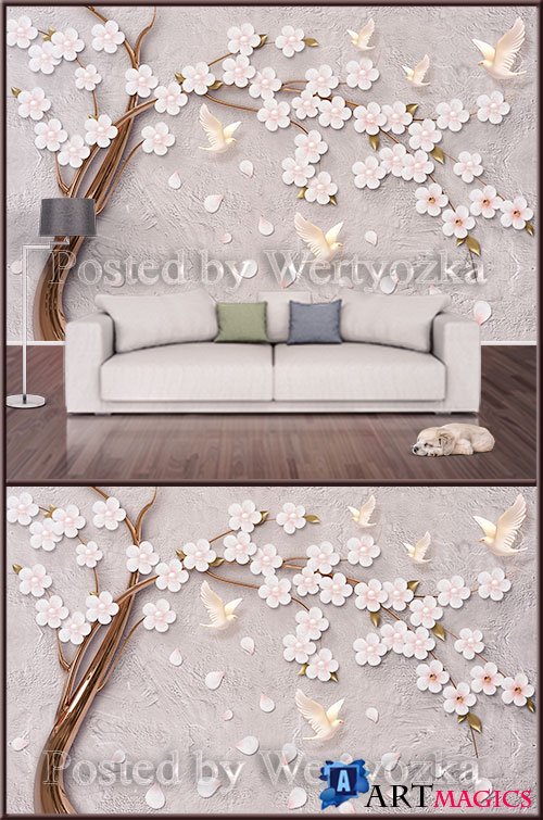 3D psd background wall tree with flowers and birds