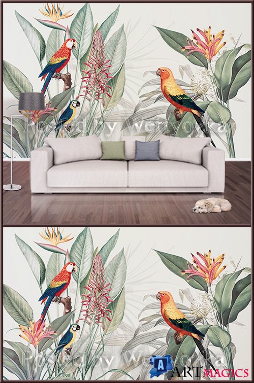 3D psd background wall painted flowers and parrot