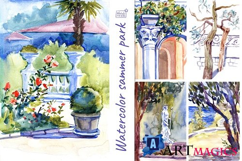 5 watercolor summer landscapes - 4634844