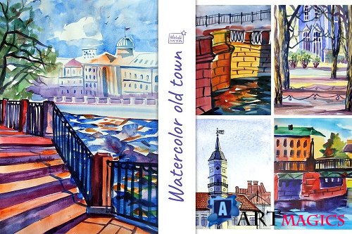 Watercolor old town landscapes - 4635037