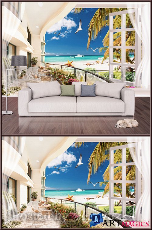 3D psd background wall sea view