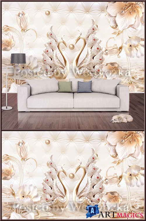 3D psd background wall swans and luxurious flowers