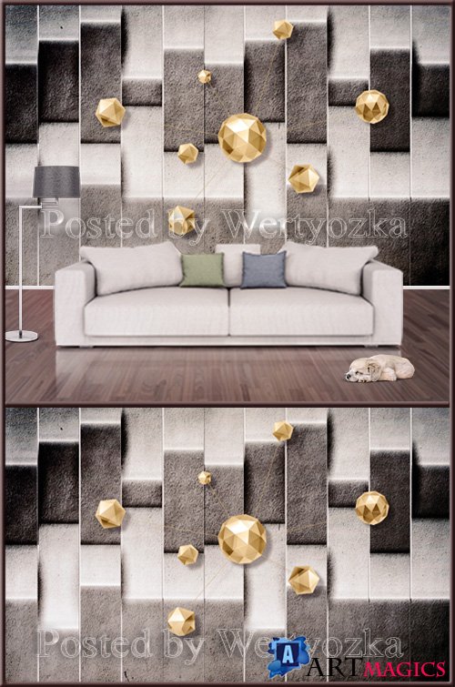 3D psd background wall abstraction with golden stones