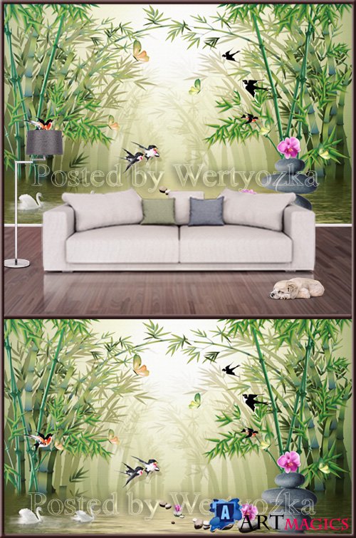 3D psd background wall bamboo spa stones and orchids