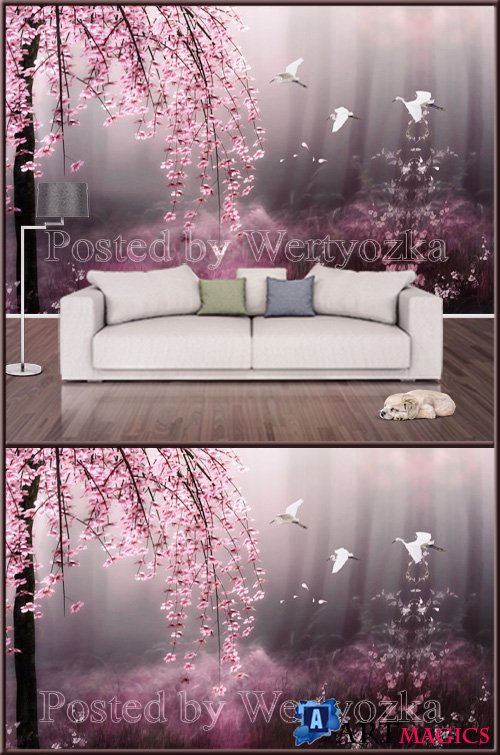 3D psd background wall beautiful cherry tree