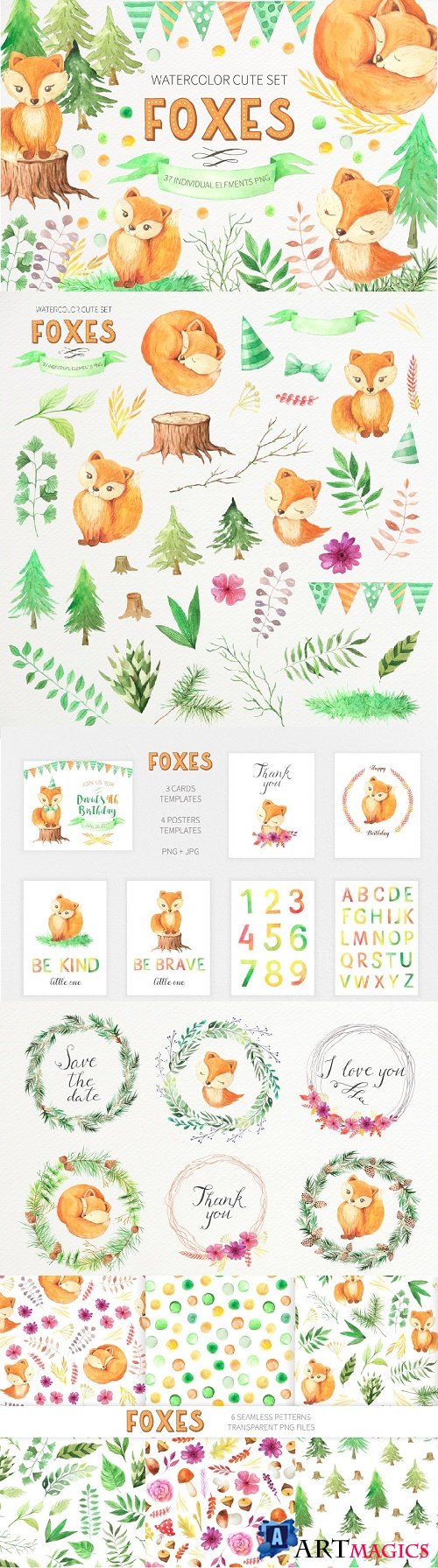 Watercolor Cute Foxes and Floral Set - 1638019