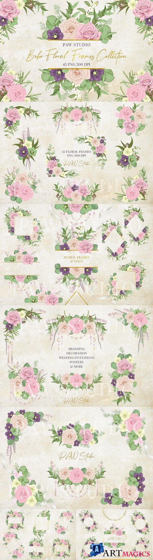 Boho Floral Frames Borders Wreath Clipart - 491472