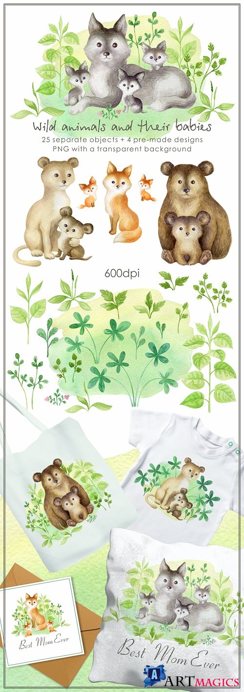 Wild animals and their babies. Mothers day watercolor set - 488423
