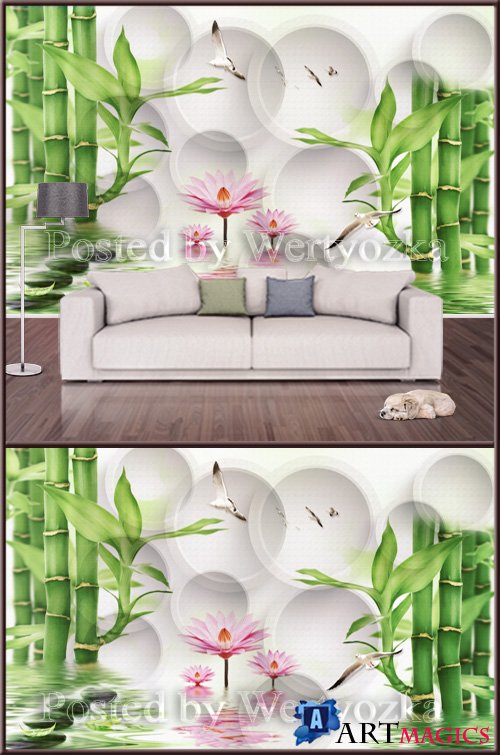 3D psd background wall lotus bamboo