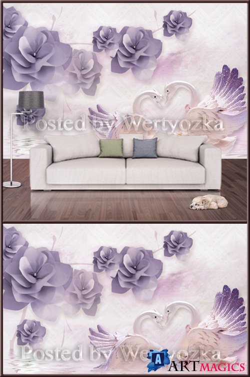 3D psd background wall elegant flowering swan