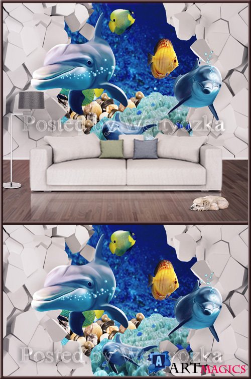 3D psd background wall dolphins fish
