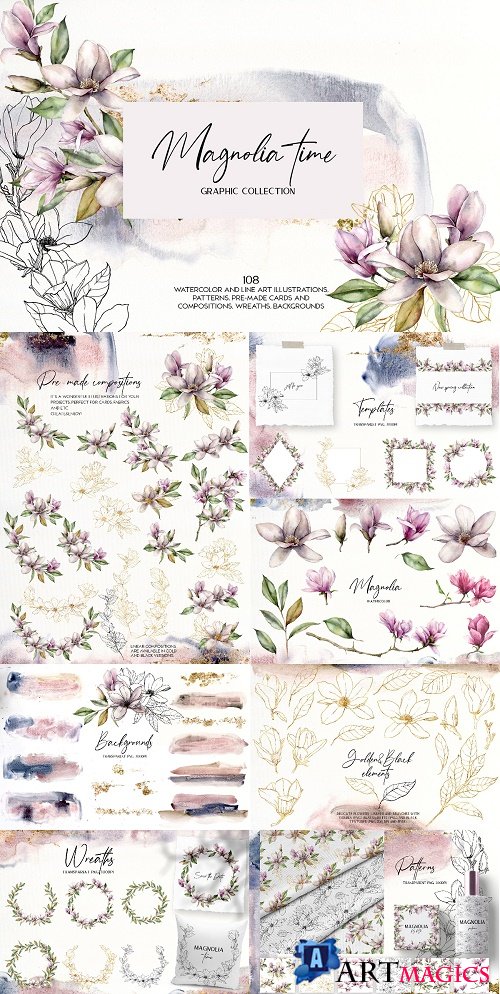 Magnolia time. Watercolor collection - 3569614 - 3105075