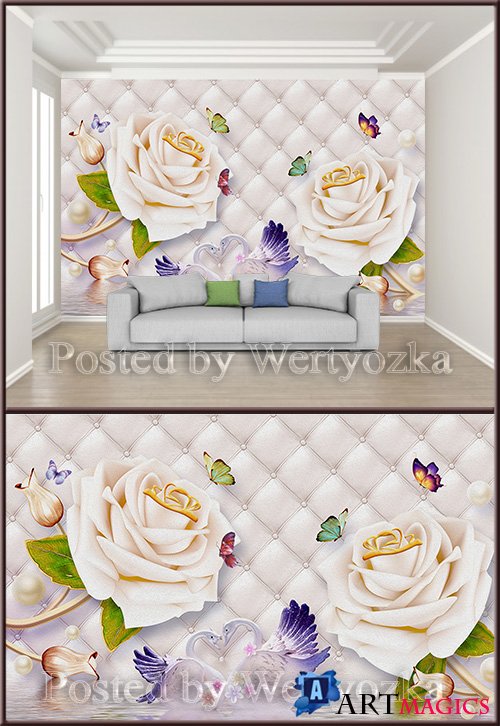 3D psd background wall roses swans butterflies