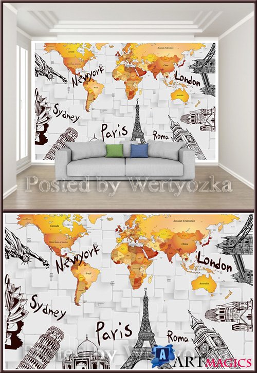 3D psd background wall countries of the world