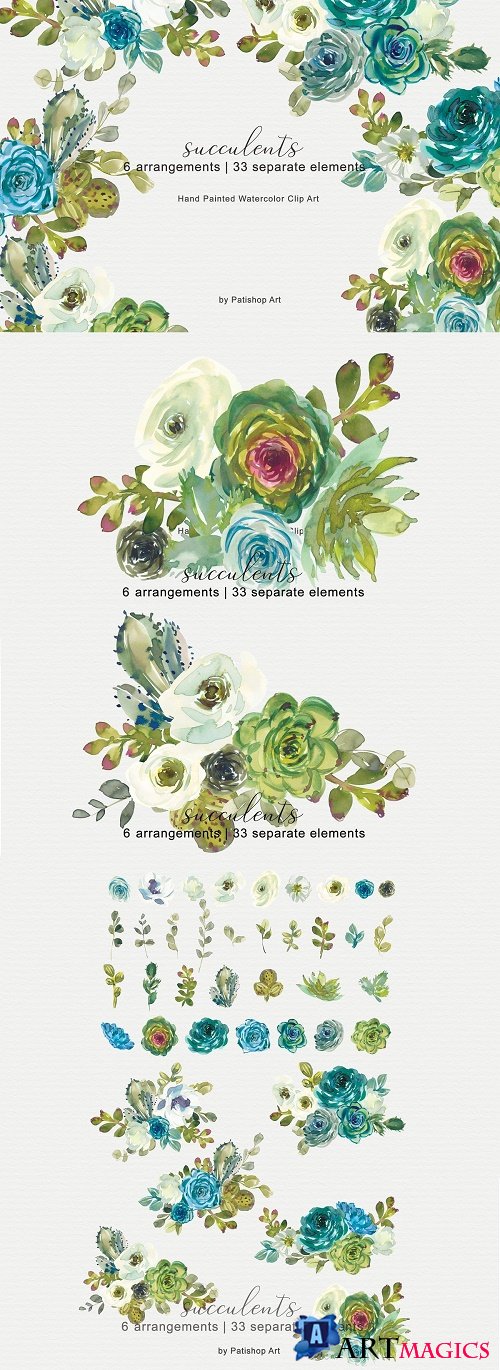 Turquoise Watercolor Succulents Set - 4645515