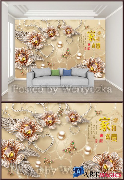 3D psd background wall flowers from jewels
