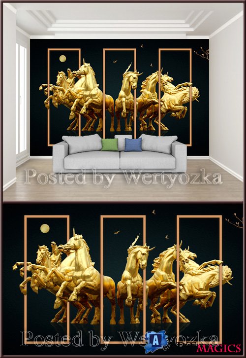 3D psd background wall golden horse