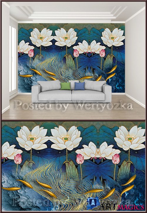 3D psd background wall fish lotuses