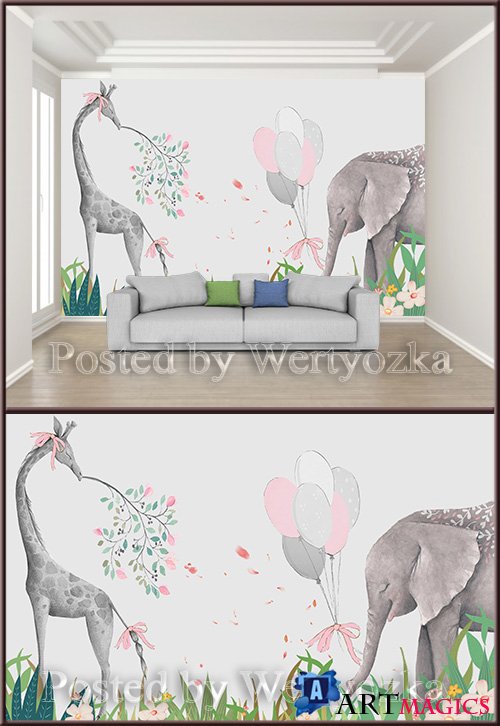 3D psd background wall elephant and giraffe
