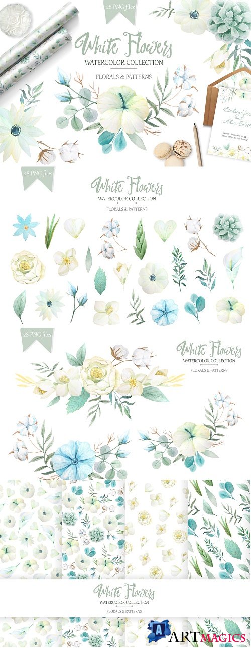 Watercolor White Flowers Set - 1723066