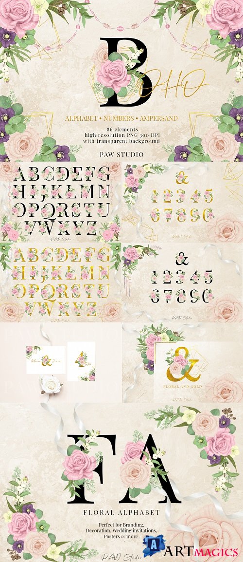 Boho Floral Gold Letters Alphabet Numbers Monogram Ampersand - 513592