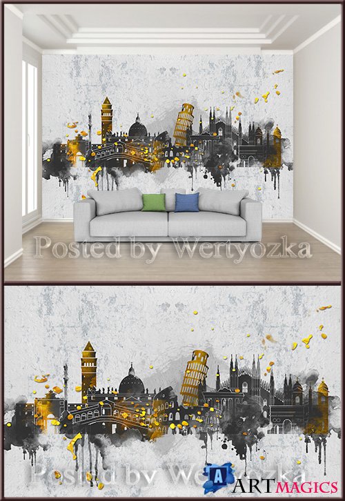 3D psd background wall watercolor european city architecture