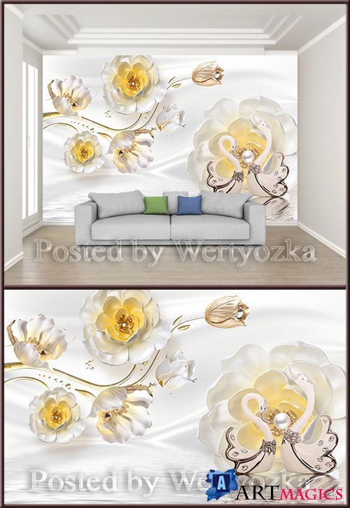 3D psd background wall jewels flowers pearls swan
